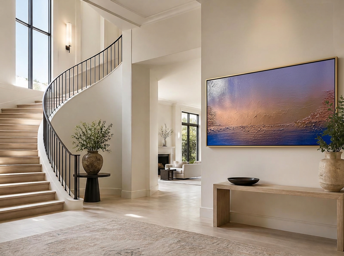 A gold and deep blue abstract painting by Danielle Eze hanging in a grand, light-filled entryway with a sweeping staircase